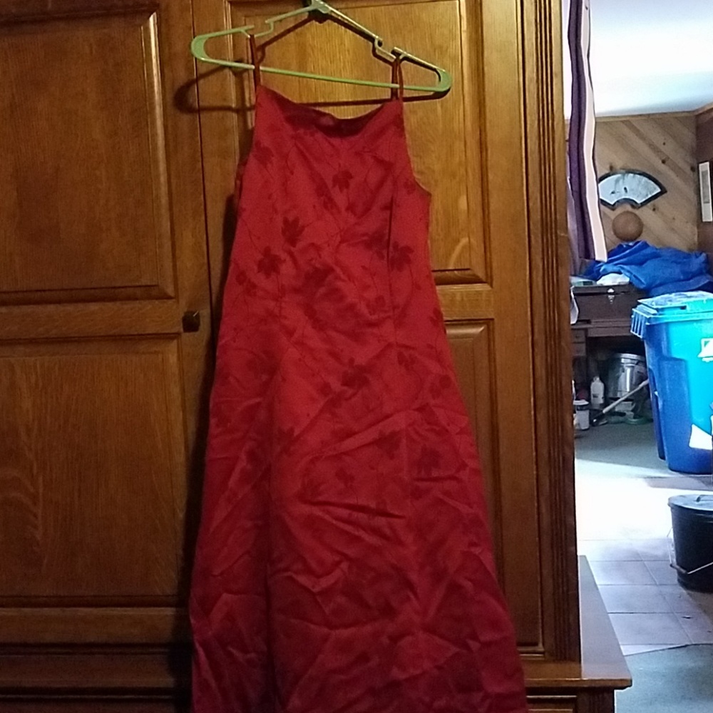 Red prom dress with velvet flower details